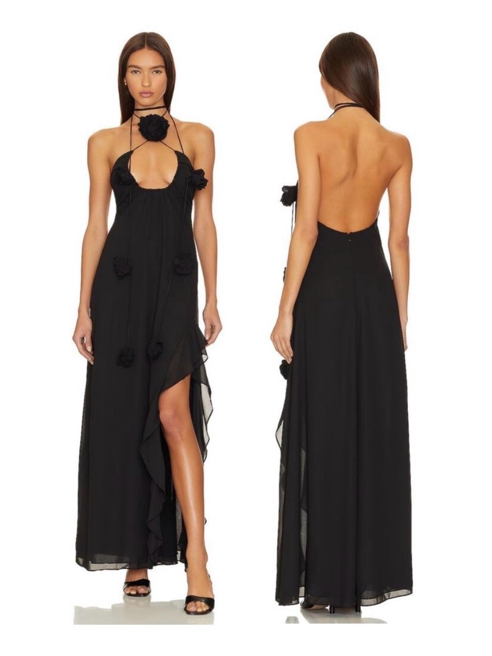 For Love And Lemons Black Backless Halter Maxi Dress with Floral Accents